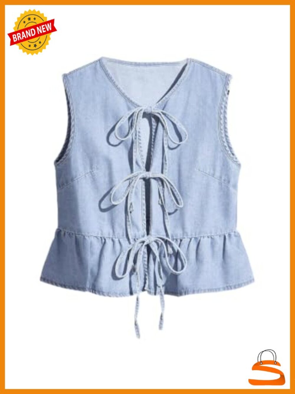 Sleeveless Denim Vest Top with Tie Front Peplum Hem